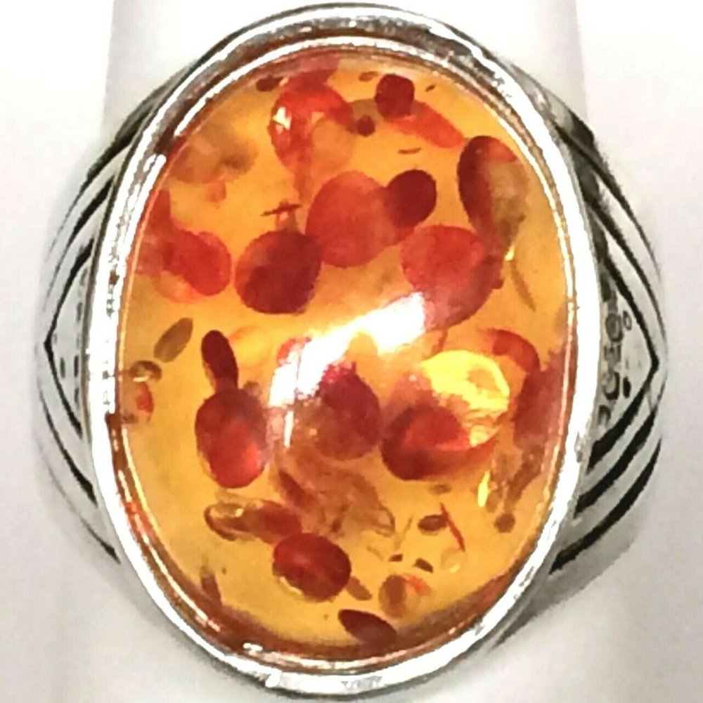 Vintage Silver Honey Amber Cocktail Ring Size 7 8 9  Boho Acrylic Plated